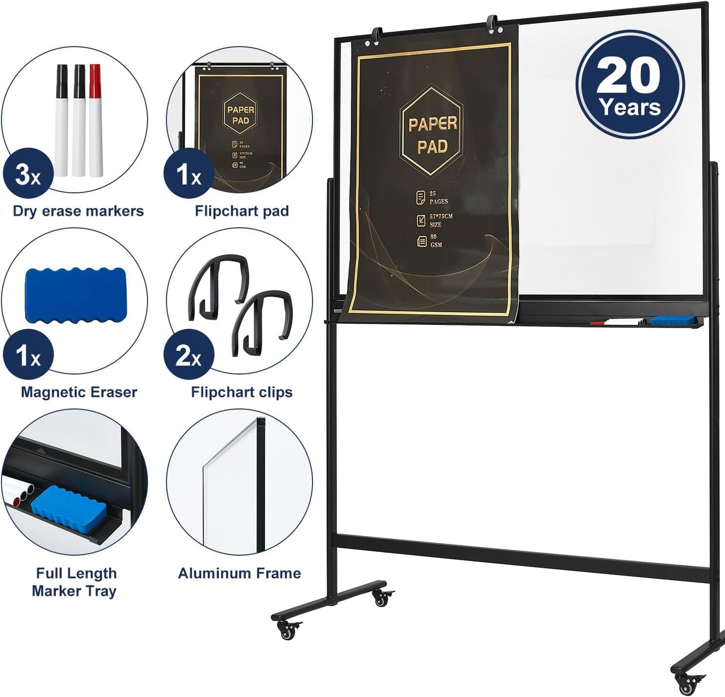 TSJ-OFFICE Rolling Clear-Glass Whiteboard on Wheels - 48" x 32" Mobile Dry Erase Board with Stand, Large Rolling White Board with 25 Sheets Paper Pad, Transparent Tempered Glass Board for Home Office
