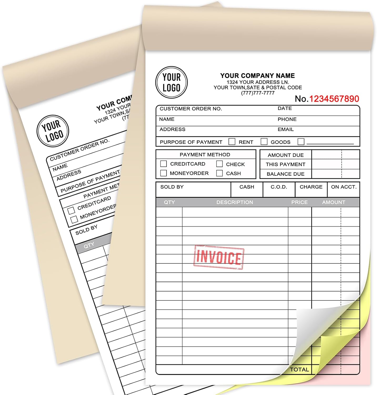 Custom Sales Invoice Personalized Carbonless NCR Forms with Company Name/Logo Personalized Invoice, Receipt Book, Work Sales Purchase Orders, Estimates, Quote Forms 5.5" x 8.5" - 3 Part(150 Sets)