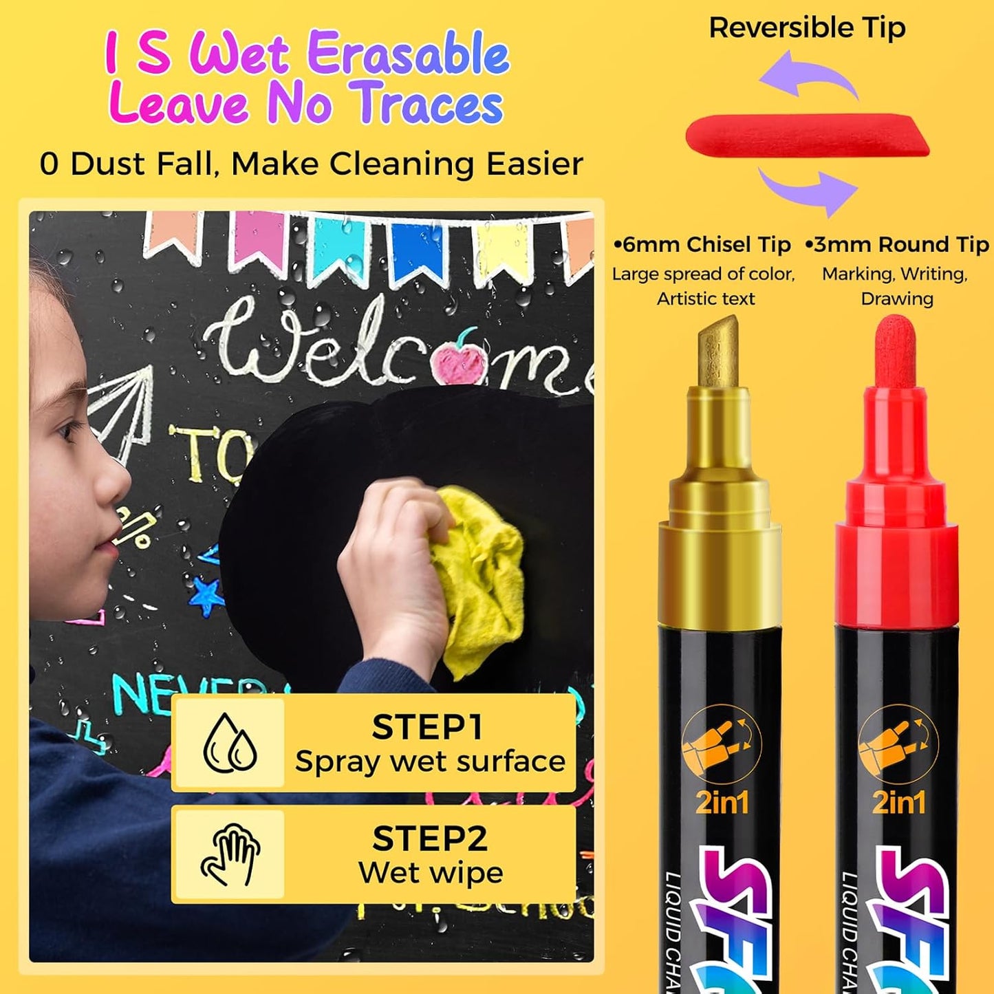 SFAIH 24 Vibrant liquid chalk markers [1s Wet Wipe] - No Residue, 4.5-6mm chalk markers for blackboard, Calendar, Car Window, Glass, Non-Toxic, Zero Dust, With Highlighter Marker