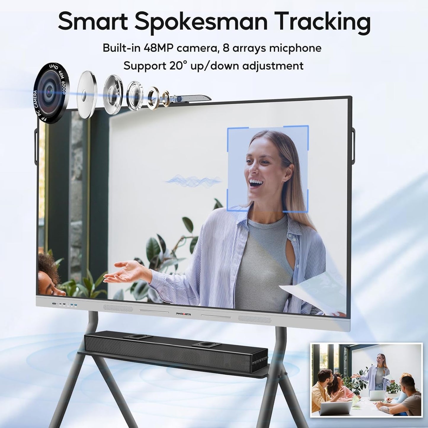 65 inch Smart Board Interactive Whiteboard with 48MP AI Tracking Camera 100W Soundbar 4K UHD All in One Smartboard for Classroom Home Office Android 14 8+128GB (Wall Mount Included)