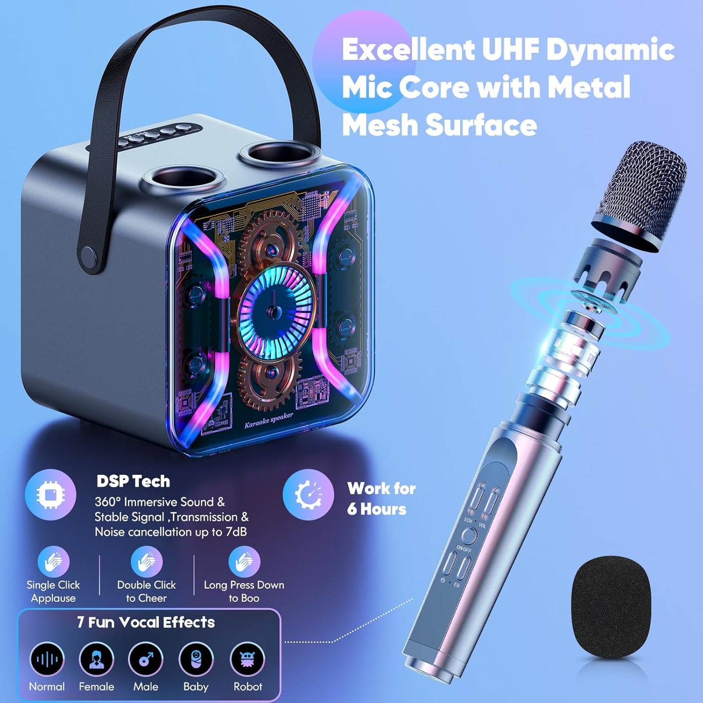 Karaoke Machine for Adults with Two Wireless Microphones, Bluetooth Speaker, LED Light Show, 360-Degree Stable Bass Mic, Silver