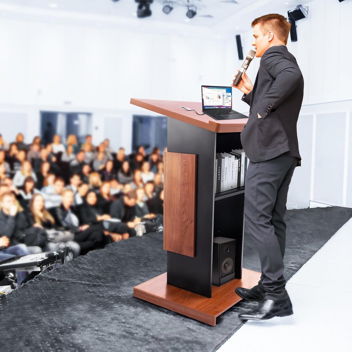 47”H Wooden Podium Stand with Lockable Wheels, Portable Lectern for Churches, Schools, Offices, and Conferences, Durable 15MM Particle Board Pulpit with Storage Shelves and Mic Slot