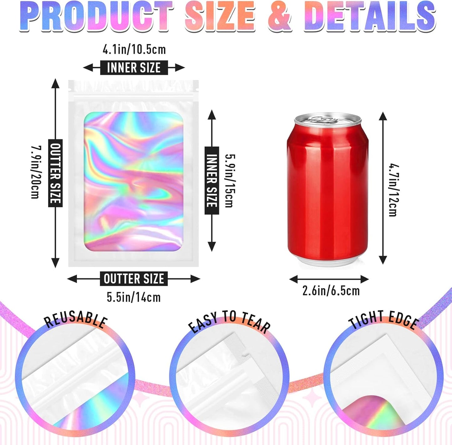 Mylar Bags, 100 PCS Smell Proof Bag, Holographic Bags, Packaging Bag (5.5x7.9 Inch)