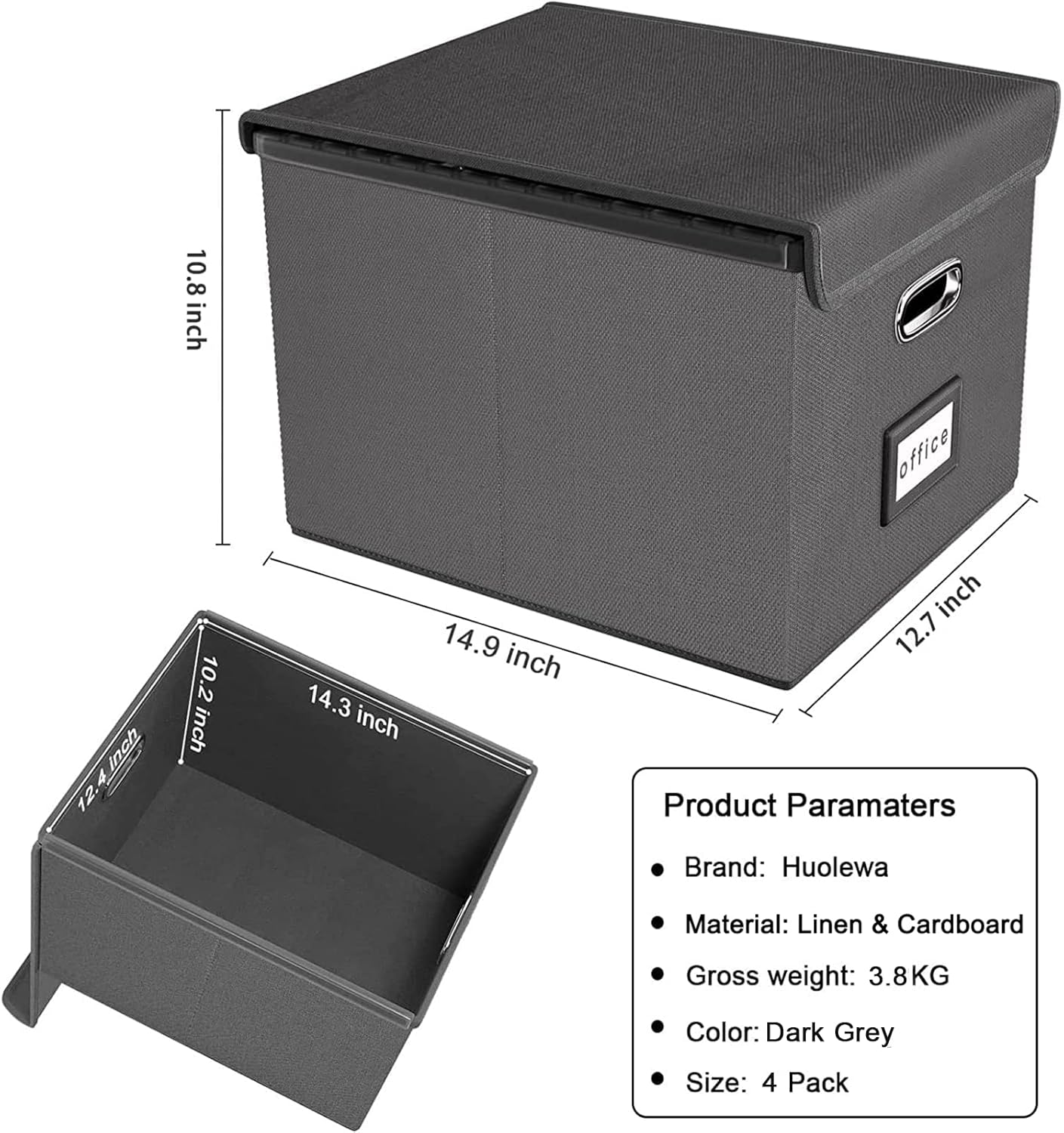 Huolewa File Organizer Box with Lid, Collapsible File Folder Organizer for Office Document Storage, Filing Box with Plastic Slide for Letter/Legal Size Hanging Files, Dark Grey