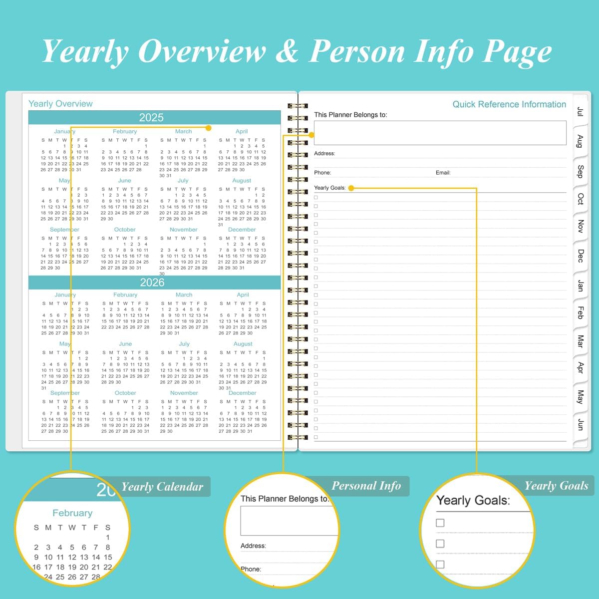 2025-2026 Monthly Planner - 18 Monthly Calendar, July 2025 - December 2026, Two Pages Per Month, 9" x11" Planner with Tabs, Strong Twin-Wire Binding, Inner Pocket, Teal Floral
