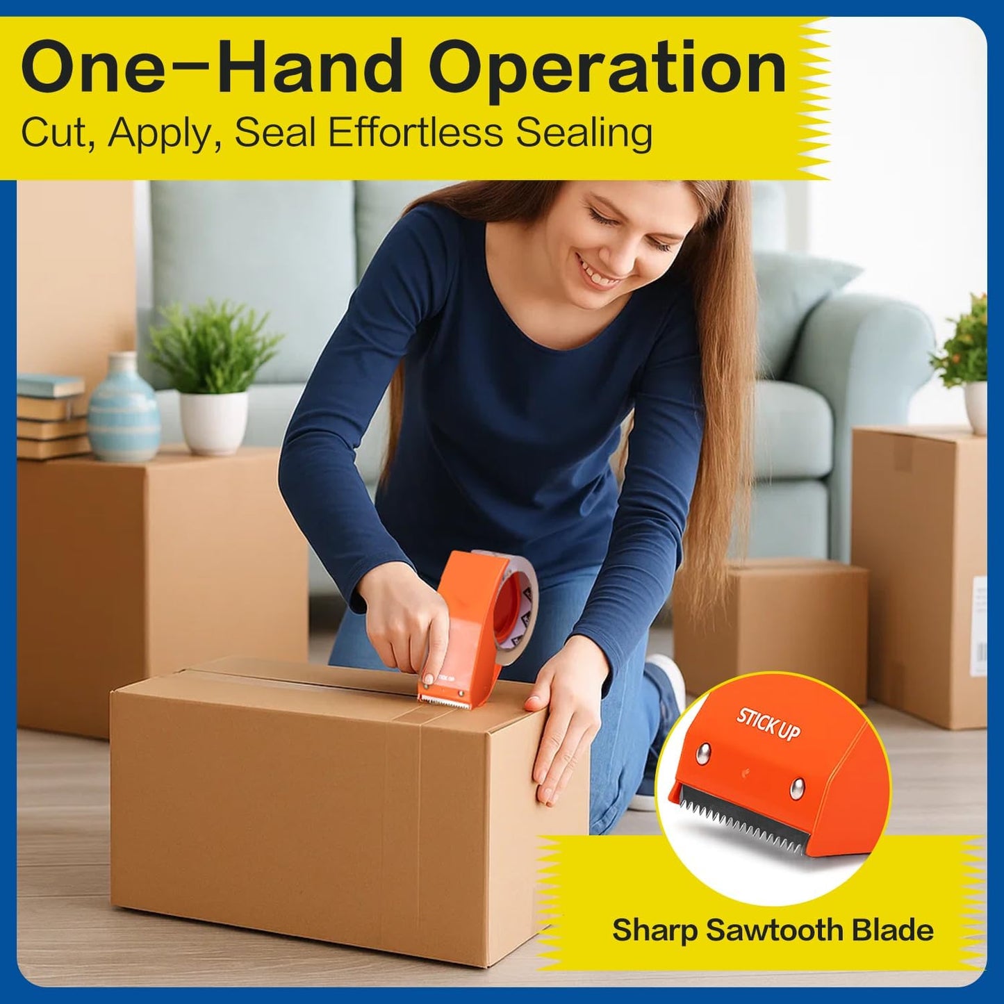 STICK UP Heavy Duty Packing Tape with Dispenser, 1 Roll, 1.88" x 65 YDs, Clear Strong Adhesive Package Sealing Tape for Shipping Moving Boxes, Mailing Supplies and Storage