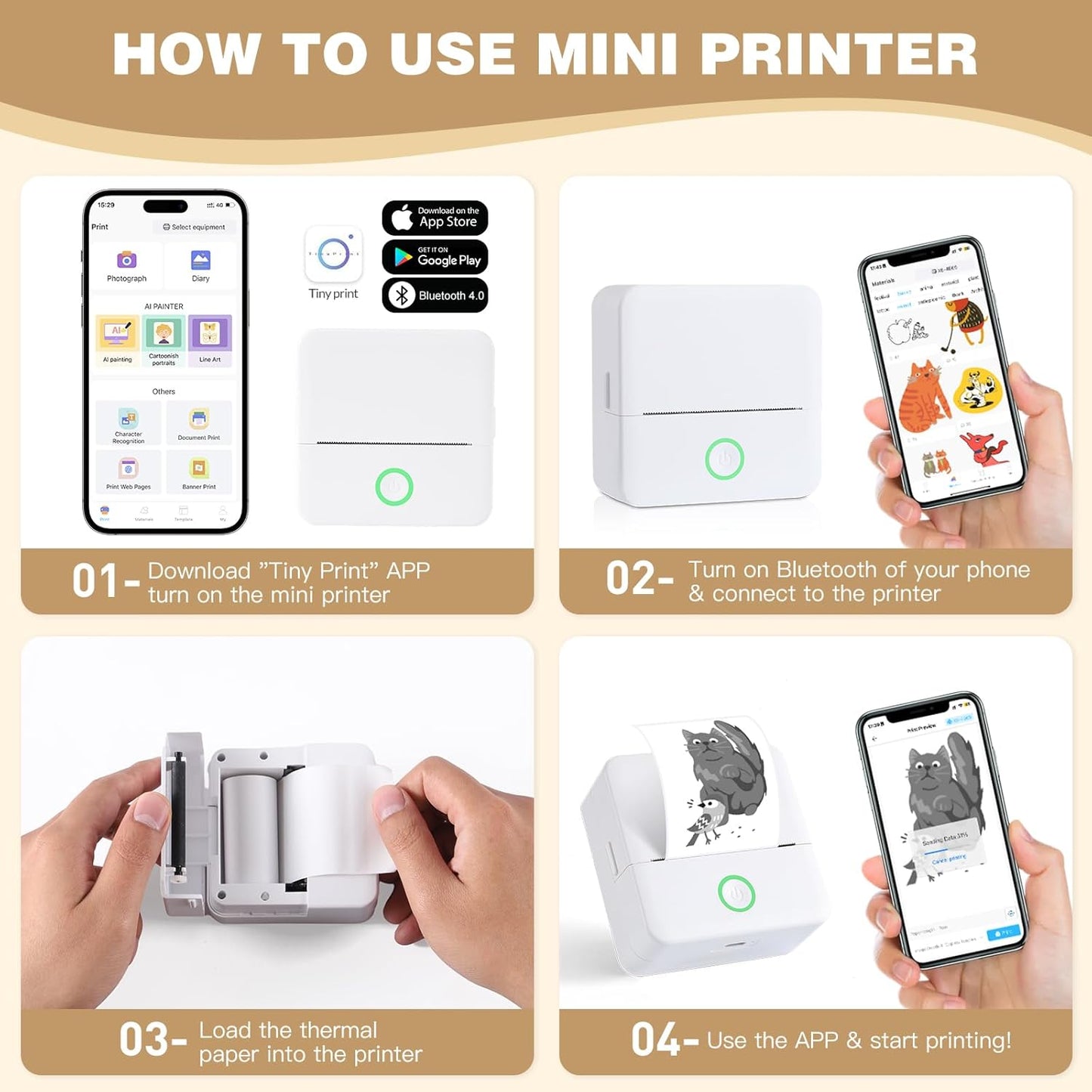Print Pods Mini Printer, Thermal Inkless Sticker Maker with 10 Rolls Printing Paper, Pocket Printpod for phone, Impresora Portátil for Notes, Flashcards, Journal, DIY, Compatible with iOS & Android