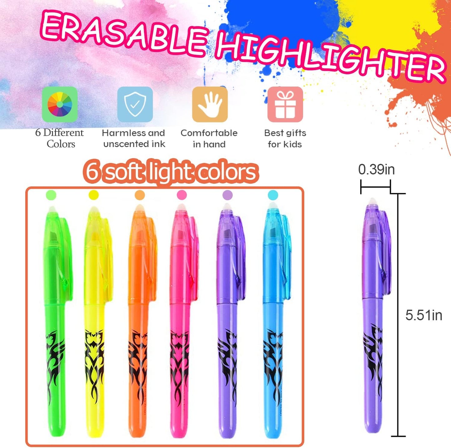 Erasable Highlighter Pen Light Soft Color,Hot Erasable Marker Pens,Chisel Tip Marker Pen with Rubber for Adults Kids Students School Office Stationary Supplies Gifts,6 Color
