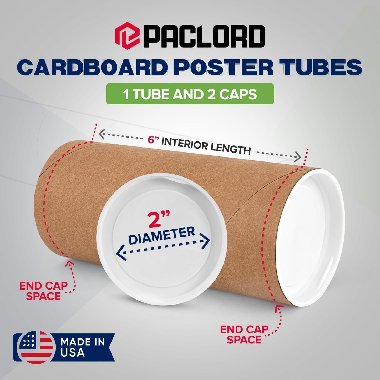 2" x 6" Reinforced Kraft Paper Mailing Tube, Pack of 1 Tube with 2 Caps – Secure USPS Approved Poster Tube – Cardboard Tube for Shipping and Storing Posters, Prints, Artwork, or Documents