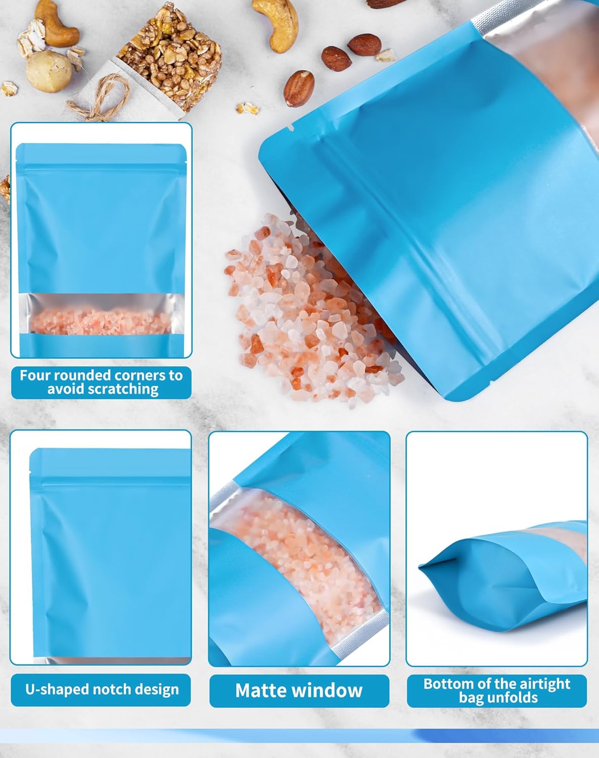 FireKylin 100 Pack Smell Proof Bags, Resealable Bags with Matte Window, Foil Pouch Stand Up Sealable Bags for Packaging（Blue 4" x 6"）