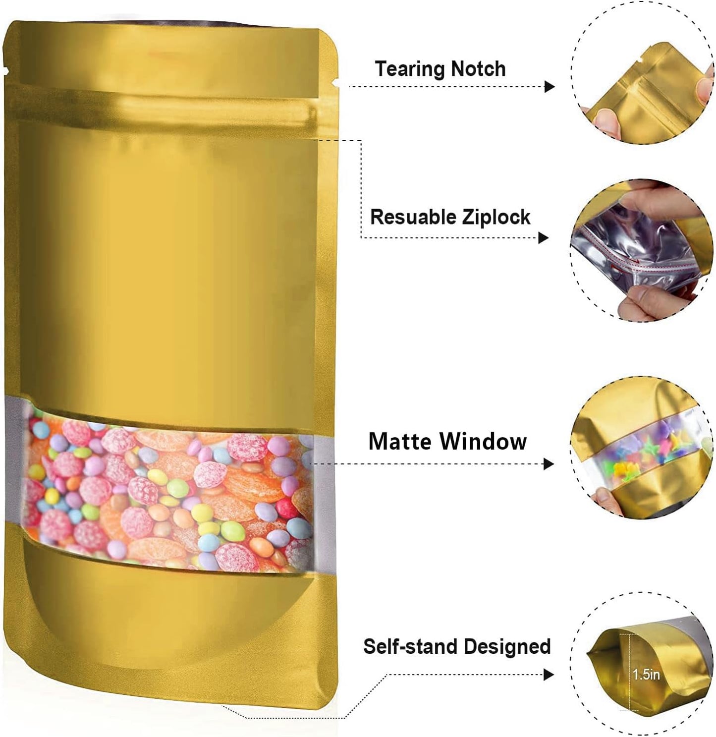4"x6" 120pcs Mylar Bags for Food Storage,Smell Proof Bag with Matte Window Resealable Food Storage Bags for Small Business, Stand-up Foil Pouch Packaging Freeze Dried Candy Bag(Gold)