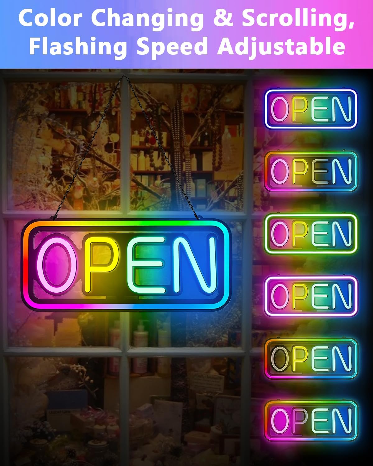 22" X 10" LED Neon Open Sign for Businesses – Ultra-Bright, Remote Control, Color Changing & Scrolling Modes | Adjustable Brightness/Speed | Energy-Efficient Light-Up Sign