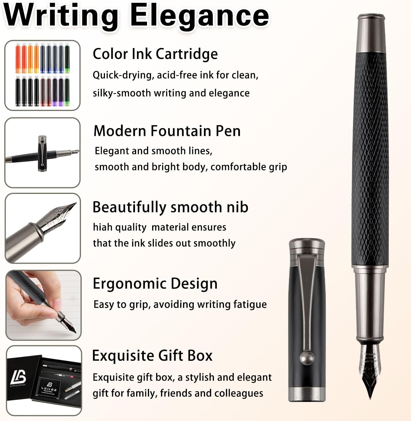 Luxury Fountain Pen Set Includes 2 Nibs, 18 Ink Cartridges, Ink Refill Converter & Syringe Filler, Professional Writing Office, Calligraphy Fountain Pen, Men & Women Nice Pen Gift Set