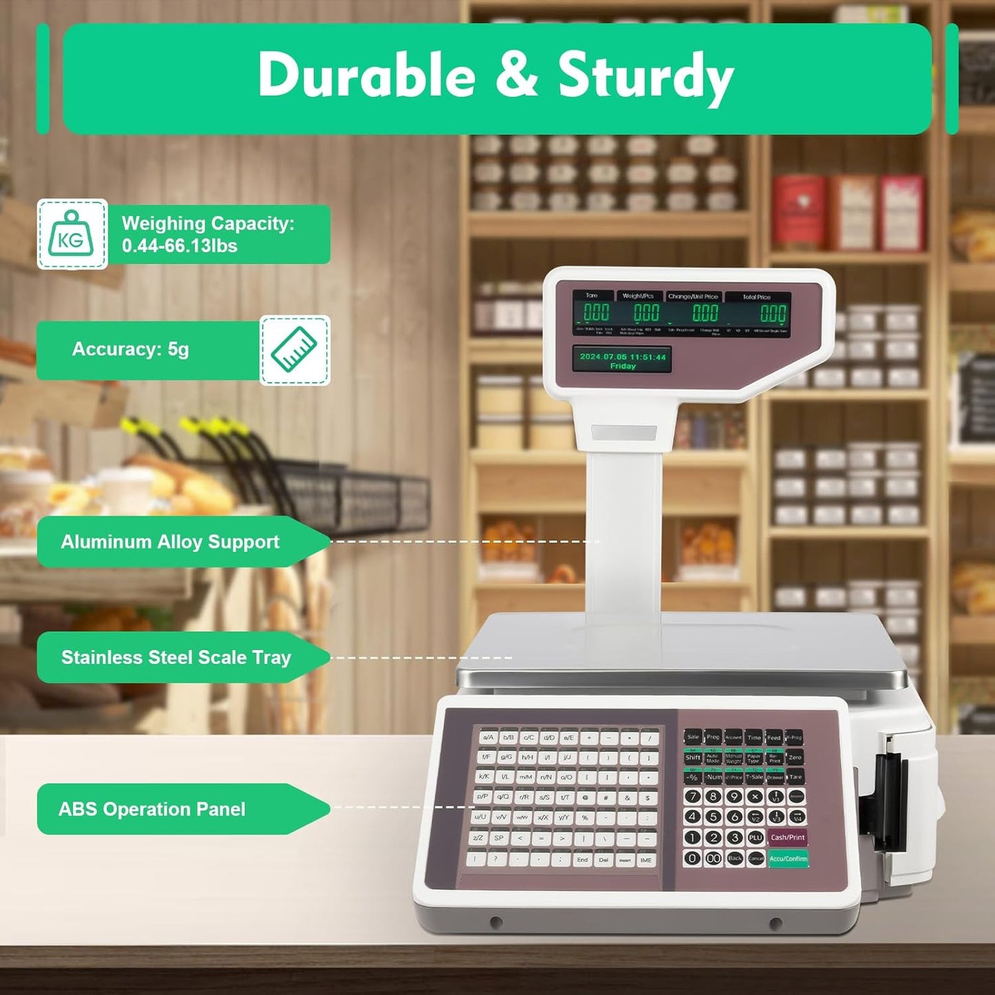 Price Computing Scale with Thermal Label Printer and Pole Display Up to 66lb Weighing Range Use for Supermarket, with Mobile APP
