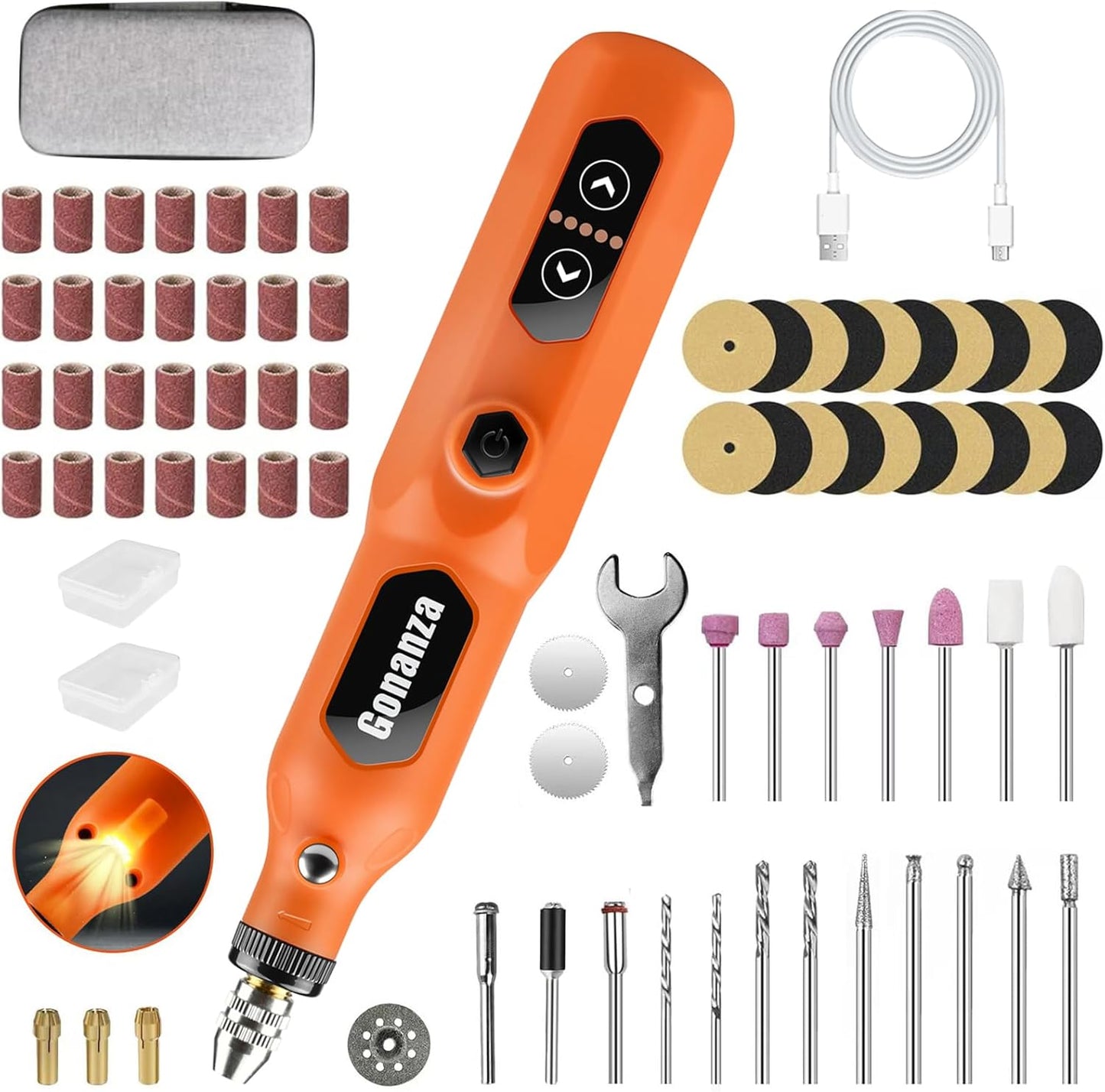 GONANZA Mini Cordless Rotary Tool Kit - 5-Speed with LED Light, Includes 78 Accessories, 3.7V Type-C Rechargeable, Ideal for Grinding, Polishing, Cutting, Engraving, Drilling, and DIY Crafts (Orange)