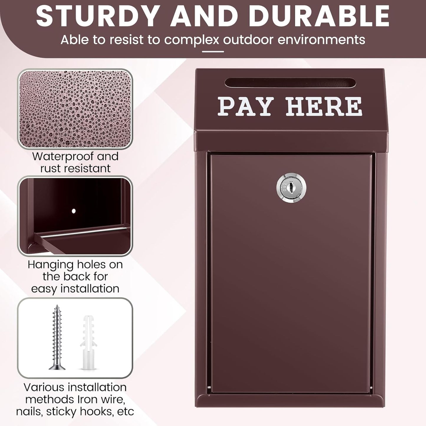 Safe Cash Box Money Collection Metal Donation Box with Lock Wall Mount Pre Drilled Mailbox Delivery Ballot for Home Office Outdoor Self Serve Stand(Brown,10.2 x 5.7 x 2.8 Inch)