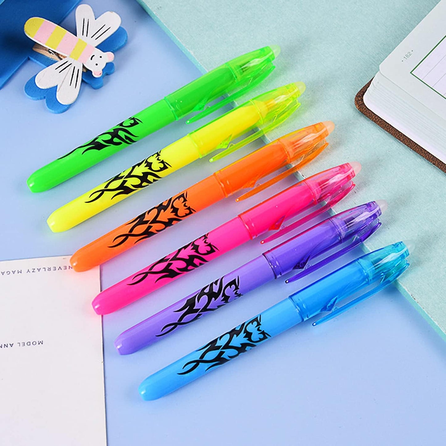 Erasable Highlighter Pen Light Soft Color,Hot Erasable Marker Pens,Chisel Tip Marker Pen with Rubber for Adults Kids Students School Office Stationary Supplies Gifts,6 Color