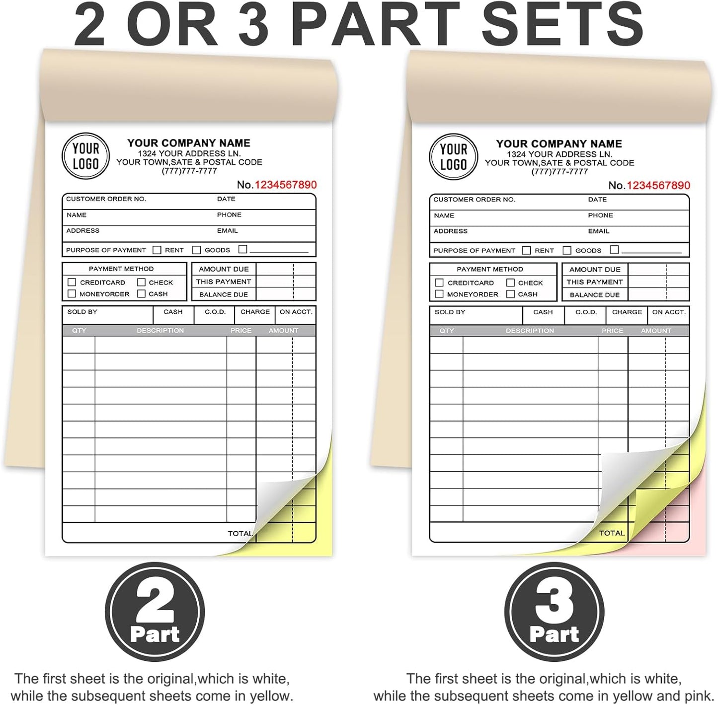 Custom Invoice Receipt Book for Small Business 5.5x8.5" Personalized 2-Part Contractor Duplicate Carbonless Sales Forms with Company Name Address Phone Number 100 Sets