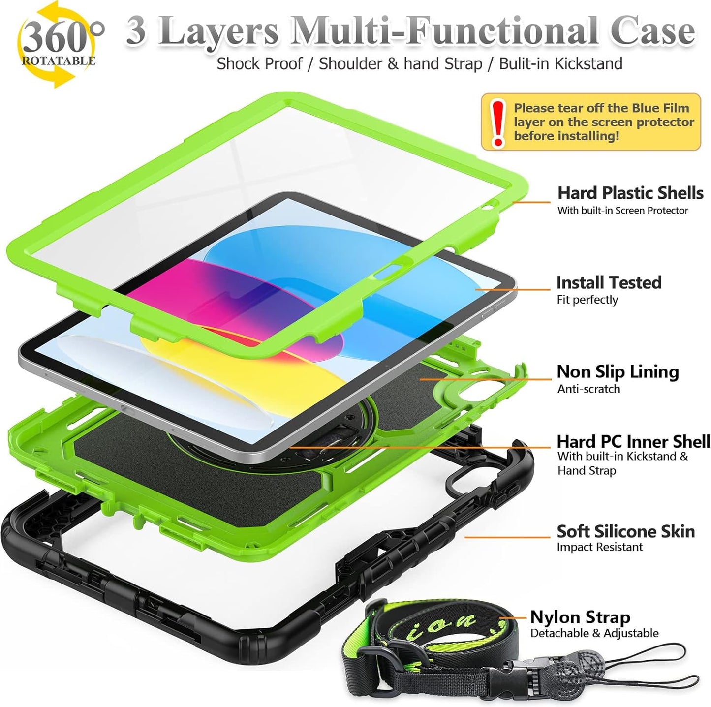 SEYMAC stock Case for iPad (A16) 11th/10th Generation 11''/10.9'' 2025/2022, Full-Body Drop Protection Case with Screen Protector &360° Rotate Hand Strap/Stand, Green+Black