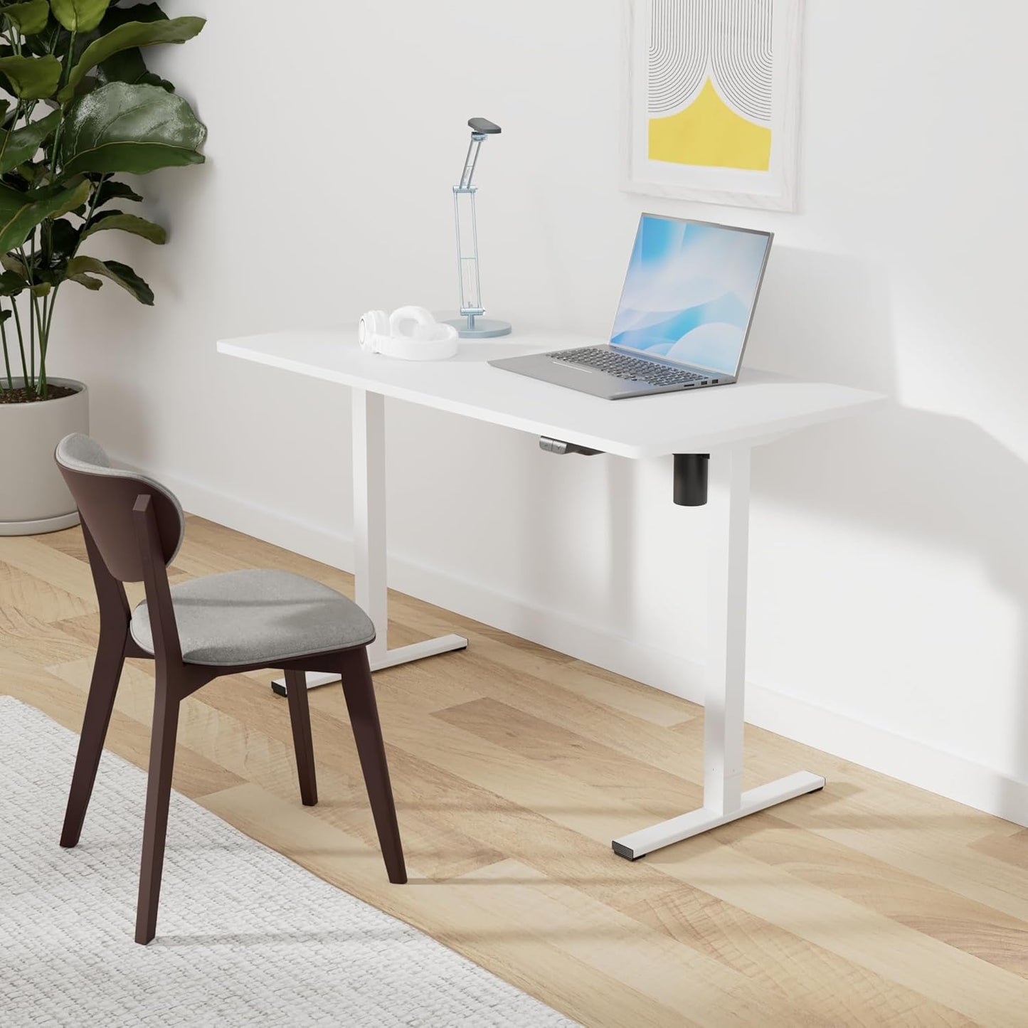 SANODESK Electric Standing Desk 40 x 24 Inches Whole-Piece Desktop Height Adjustable Stand Up Desk w/6-Button Controller Ergonomic Computer Desk for Home Office, White Frame + White Tabletop