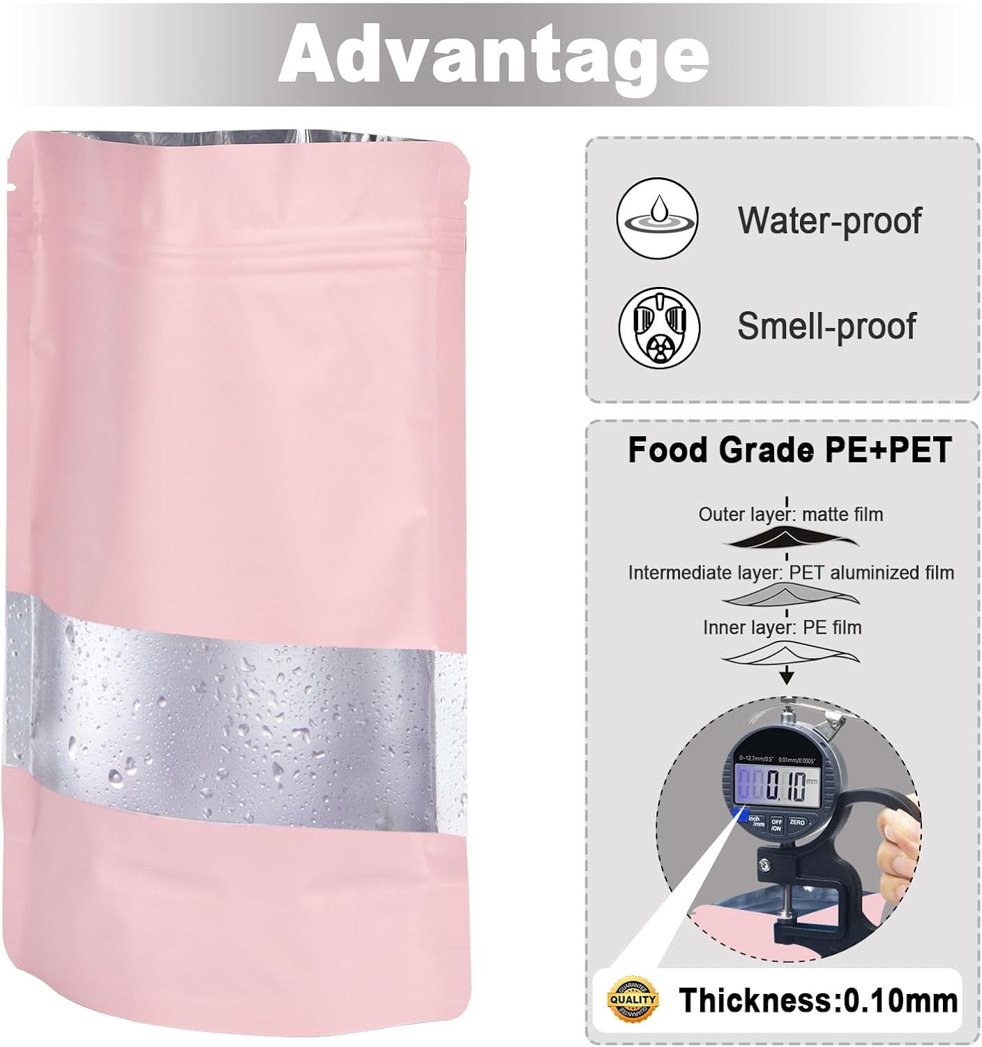 3.5"x5" 120pcs Mylar Bags for Food Storage,Smell Proof Bag with Matte Window Resealable Food Storage Bags for Small Business, Stand-up Foil Pouch Packaging Freeze Dried Candy Bag(Pink)