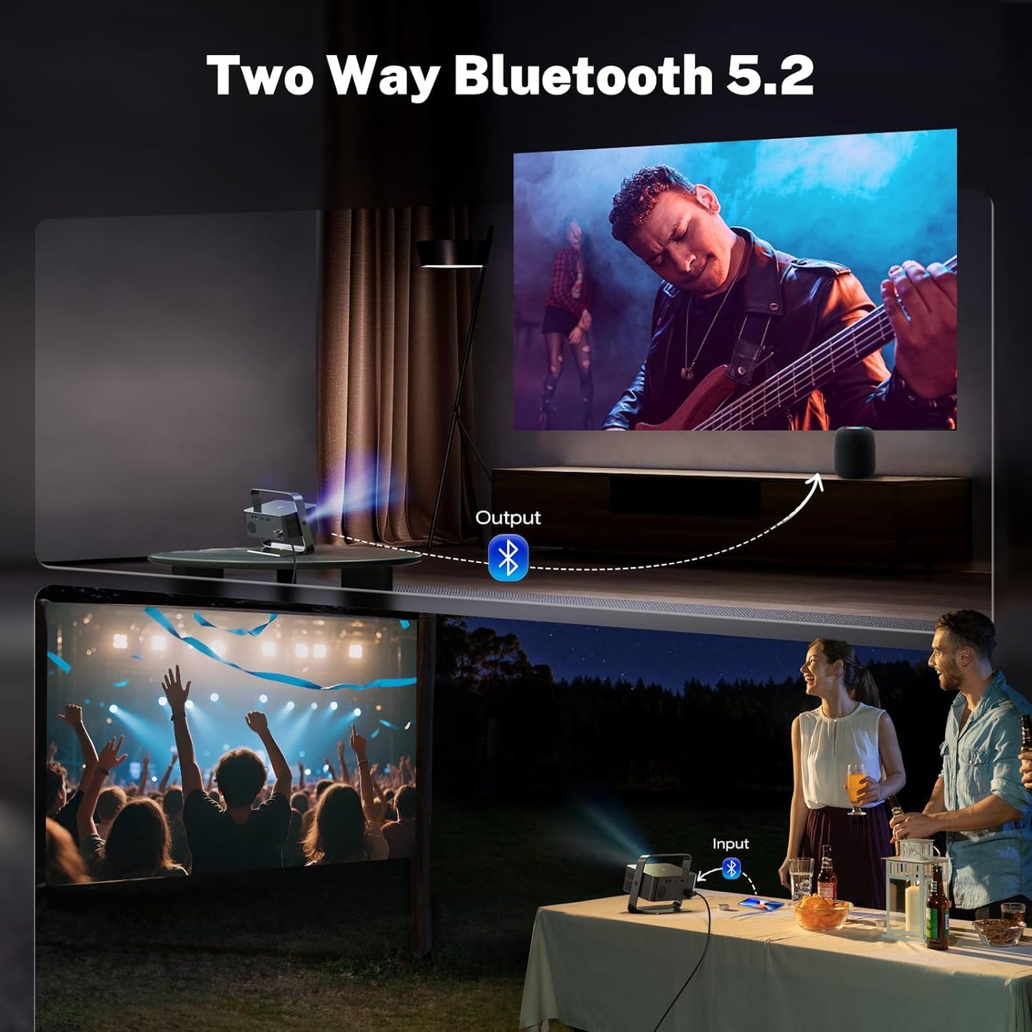Smart Projector 1080P 4K Support with WIFI 6 and 2-Way Bluetooth 1500ANSI Auto Keystone Electric Focus Mini Projectors Home Theater Movie Outdoor Portable Projector (Black)