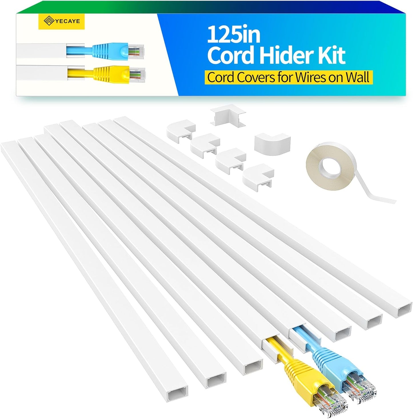 Yecaye Cord Hider, One-Cord 125in Cable Concealer, Cord Covers for Wires on Wall, Easy Install Cable Management Kit for 2 Small Wires, Cables Raceway Home Office, W0.59in H0.4in, White