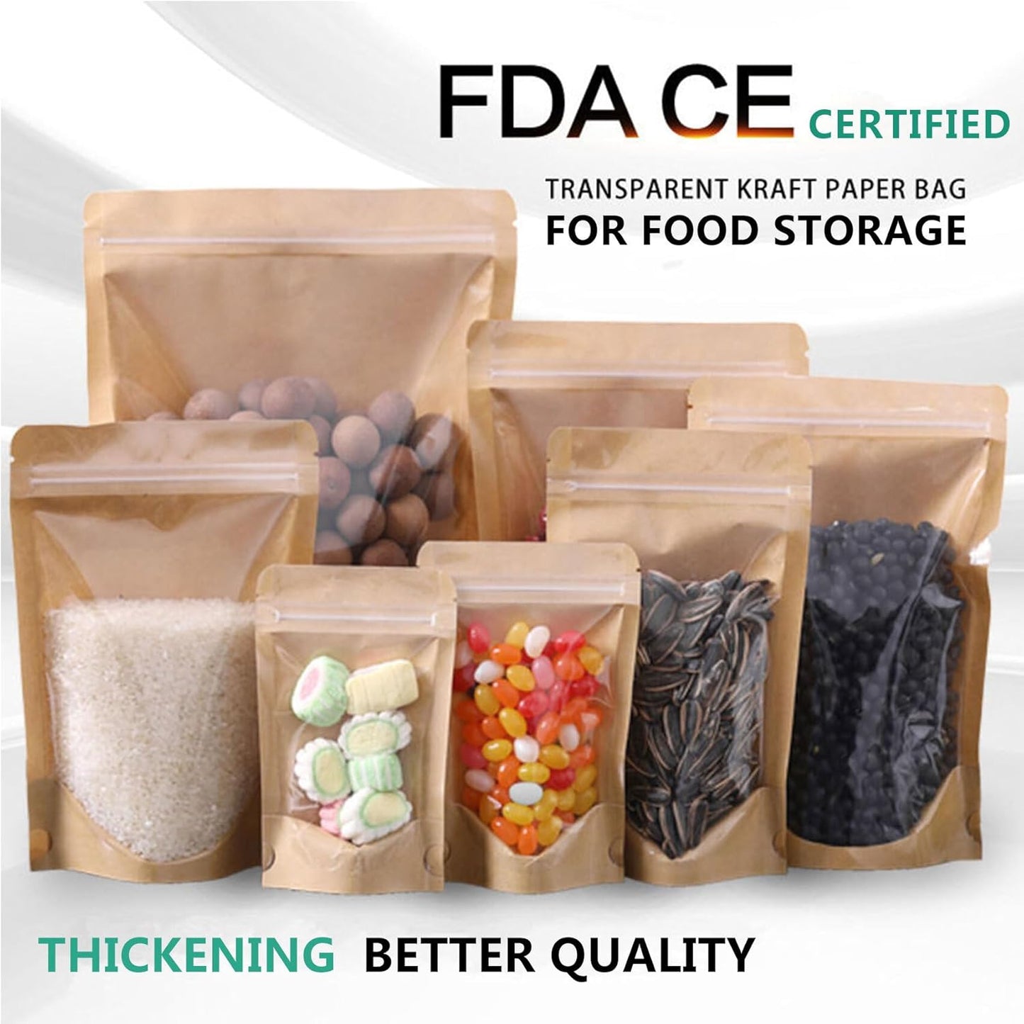 50pcs Kraft Bags With Window Clear Fornt Pouches Resealable Stand Up Zip Lock Food Storage Bags Brown 3.5"x5.5"