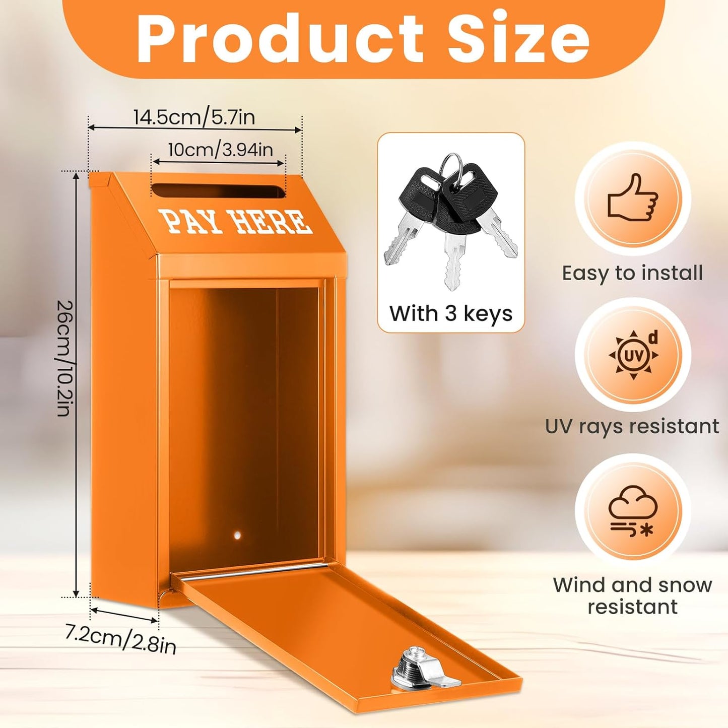 Safe Cash Box Money Collection Metal Donation Box with Lock Wall Mount Pre Drilled Mailbox Delivery Ballot for Home Office Outdoor Self Serve Stand(Orange,10.2 x 5.7 x 2.8 Inch)