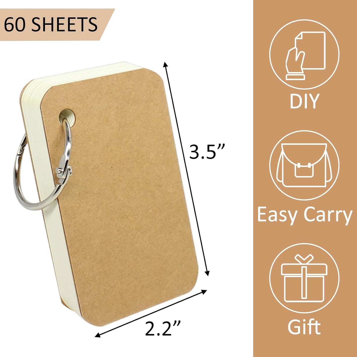 12 Pack Mini Blank Flash Cards with Binder Rings (60 sheets), 2.2 x 3.5 Inches Blank Easy Flip Index Card Mini Study Cards for Studying