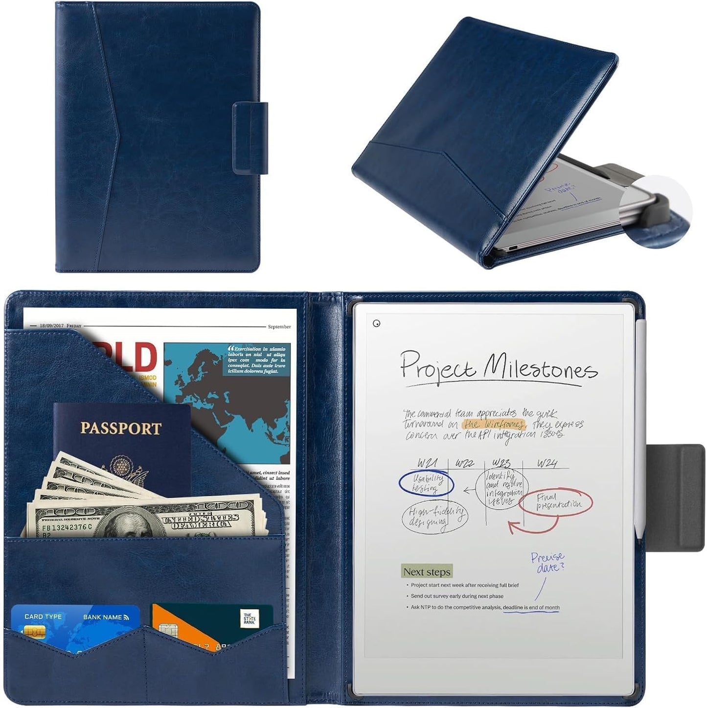 Cobak Premium PU Leather Case for Remarkable Paper Pro 11.8" (2024) – Slim Magnetic Back Cover with Auto Sleep/Wake, Folder Design, Magnetic Pen Holder Strap, Navy Blue