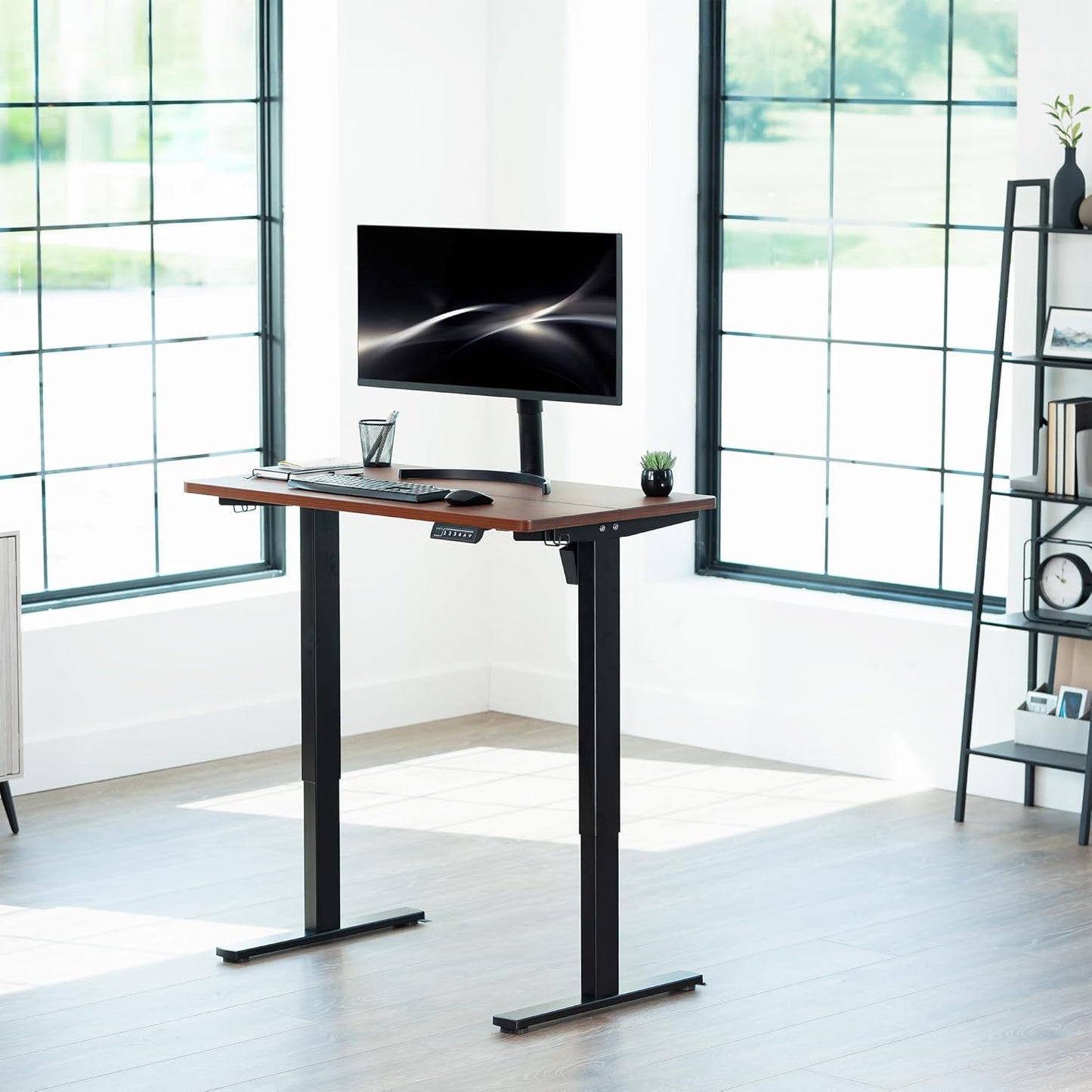 VIVO Electric 43 x 24 in Standing Desk, Memory Height Adjustment, 1B Series, Dark Walnut Top, Black Frame, DESK-1B4D