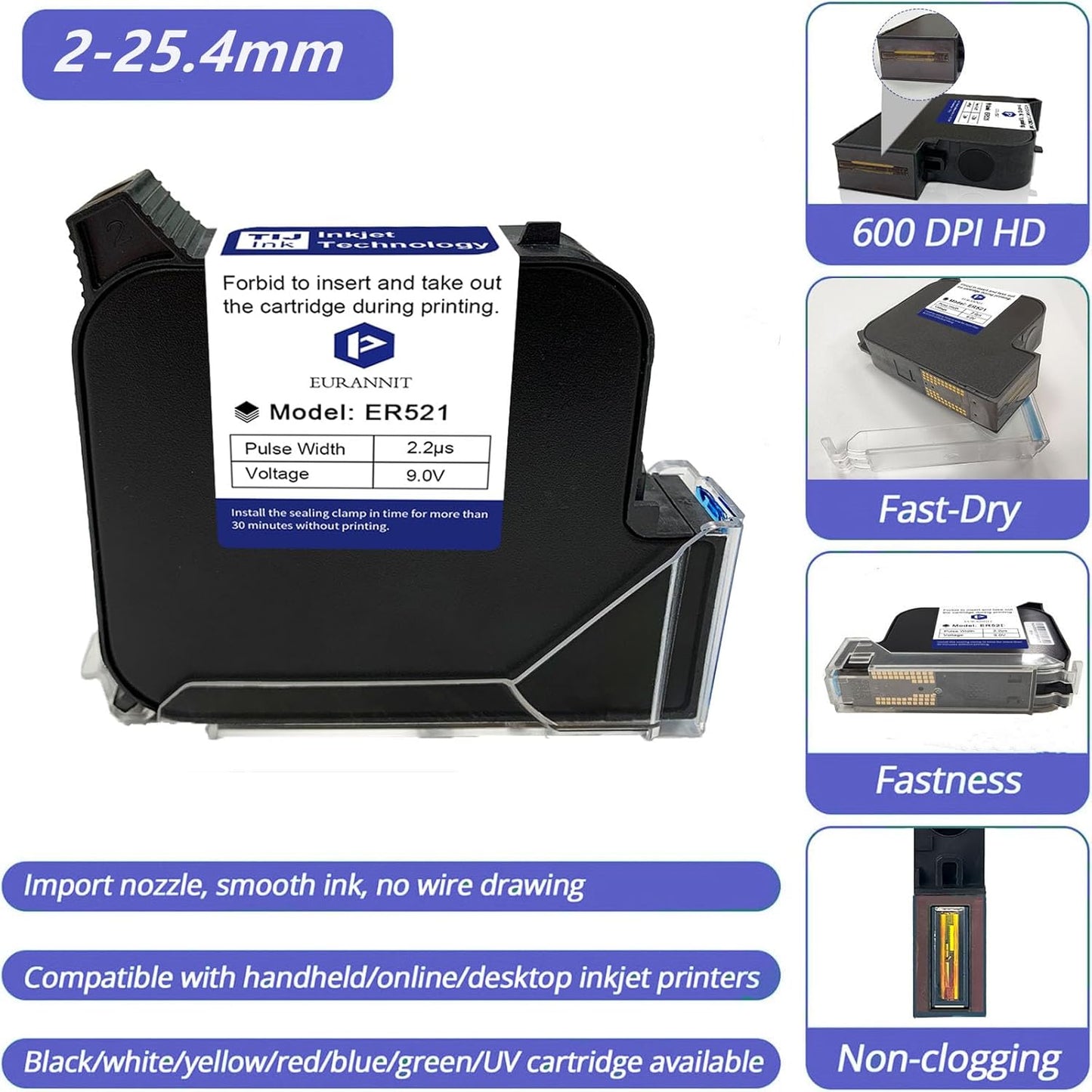 Original Black Ink Cartridge 1inch, 72ml Quick Dry Solvent Ink Replacement for 260E Automatic Inkjet Coding Machine
