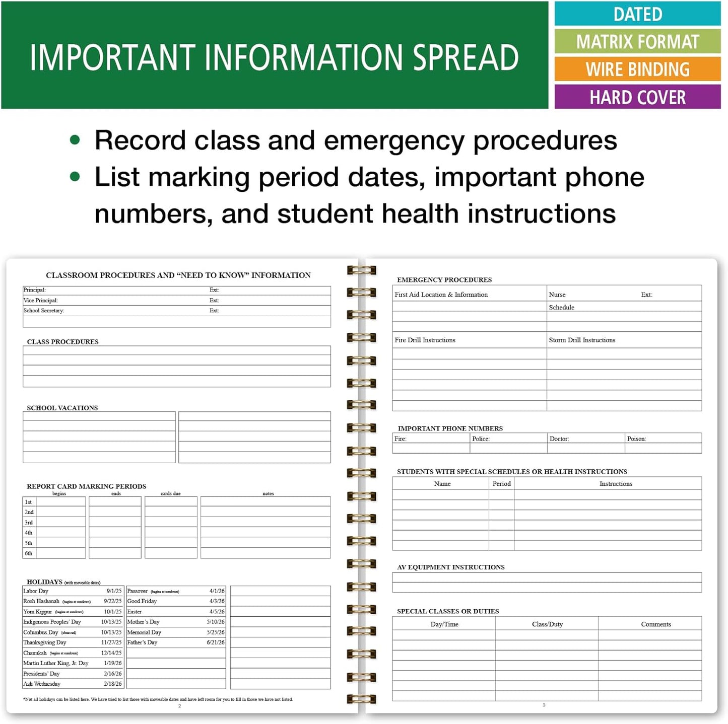 Elan Publishing Company HARDCOVER 7 Period Dated Teacher Lesson Plan; Days Horizontally Across The Top Dated for 2025-2026 Academic Year with Bonus Clip-in Bookmark (Rainbow Gold Marble)