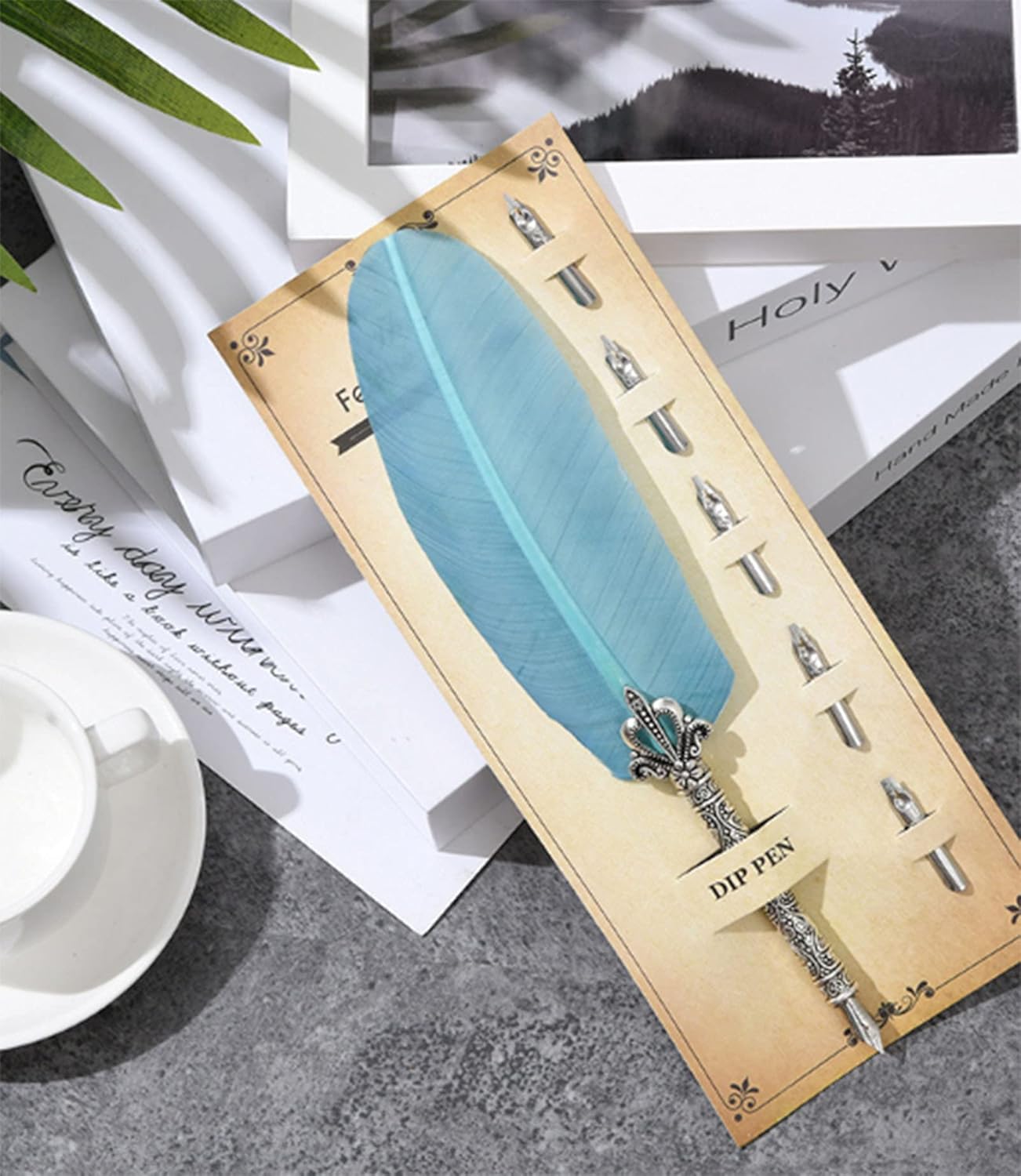 Gullor Calligraphy Feather Quill Pen and 5 Calligraphy Nibs for Beginners, Lake Blue