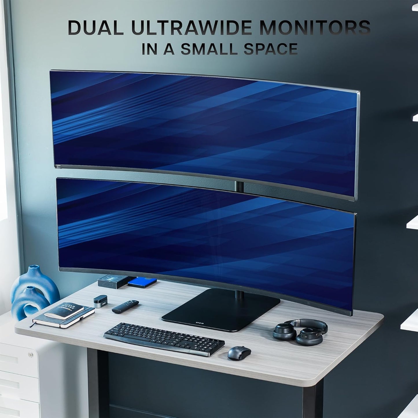 VIVO Freestanding Dual Vertically Stacked Ultra-Wide Monitor Desk Stand, Extra Tall Heavy Duty Adjustable Mount for 2 Ultrawide Screens up to 49 inches, 44 lbs Per Screen Capacity, Black, STAND-V202L