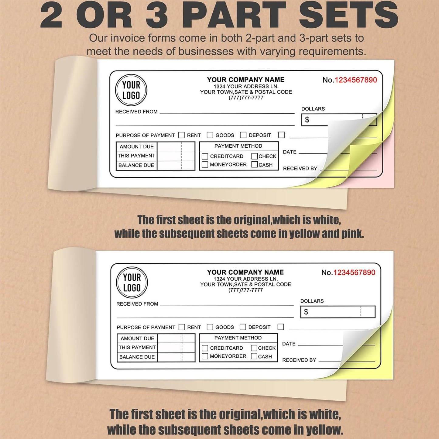 Custom 8.5" x 11" Invoices Receipts Carbonless Books in 3-Part Duplicate Personalized Company Address Name Phone Number 50 Sets