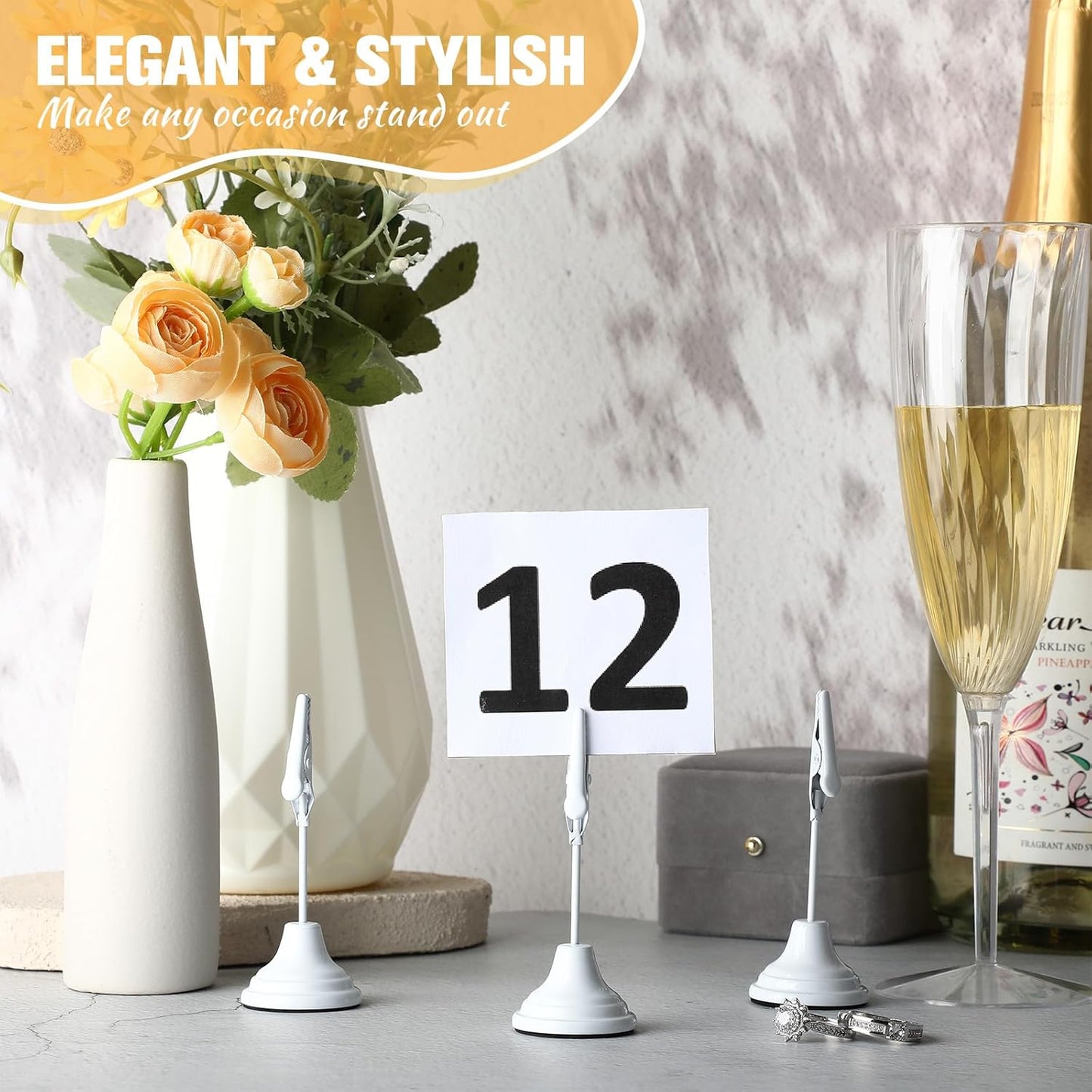 12 Pcs Table Number Holders 3 Inch Place Card Holder with Alligator Clip Metal Place Card Stands Table Sign for Photos, Food Signs, Birthdays, Weddings (White)