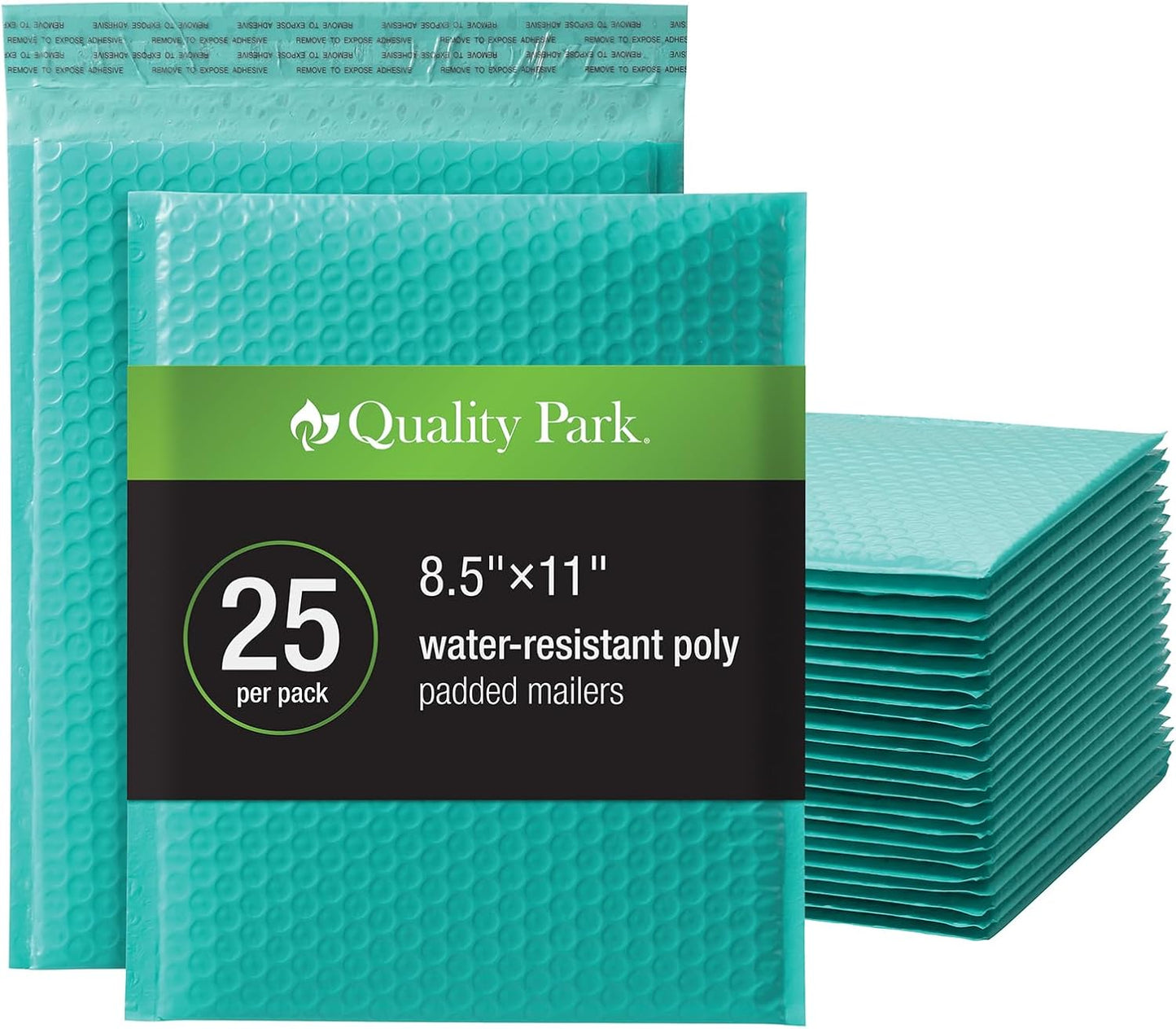 Quality Park Bubble Mailers, 8.25 x 11 Shipping Envelopes, Water Resistant Teal Poly Padded Envelopes, Redi-Strip Peel Off Closure, 25 Per Box (QUA85860)