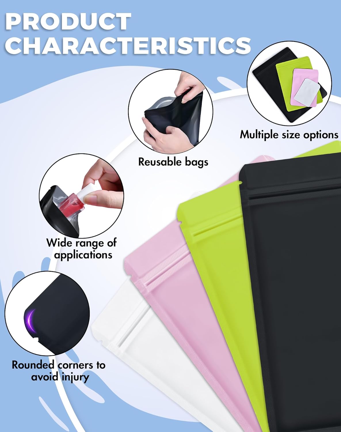 FireKylin 100 Pack Resealable Packaging Bags for Small Business Double-Sided Color Smell Proof Bags for Food Storage Flat Bags (Black, 4.7" x 7.1")