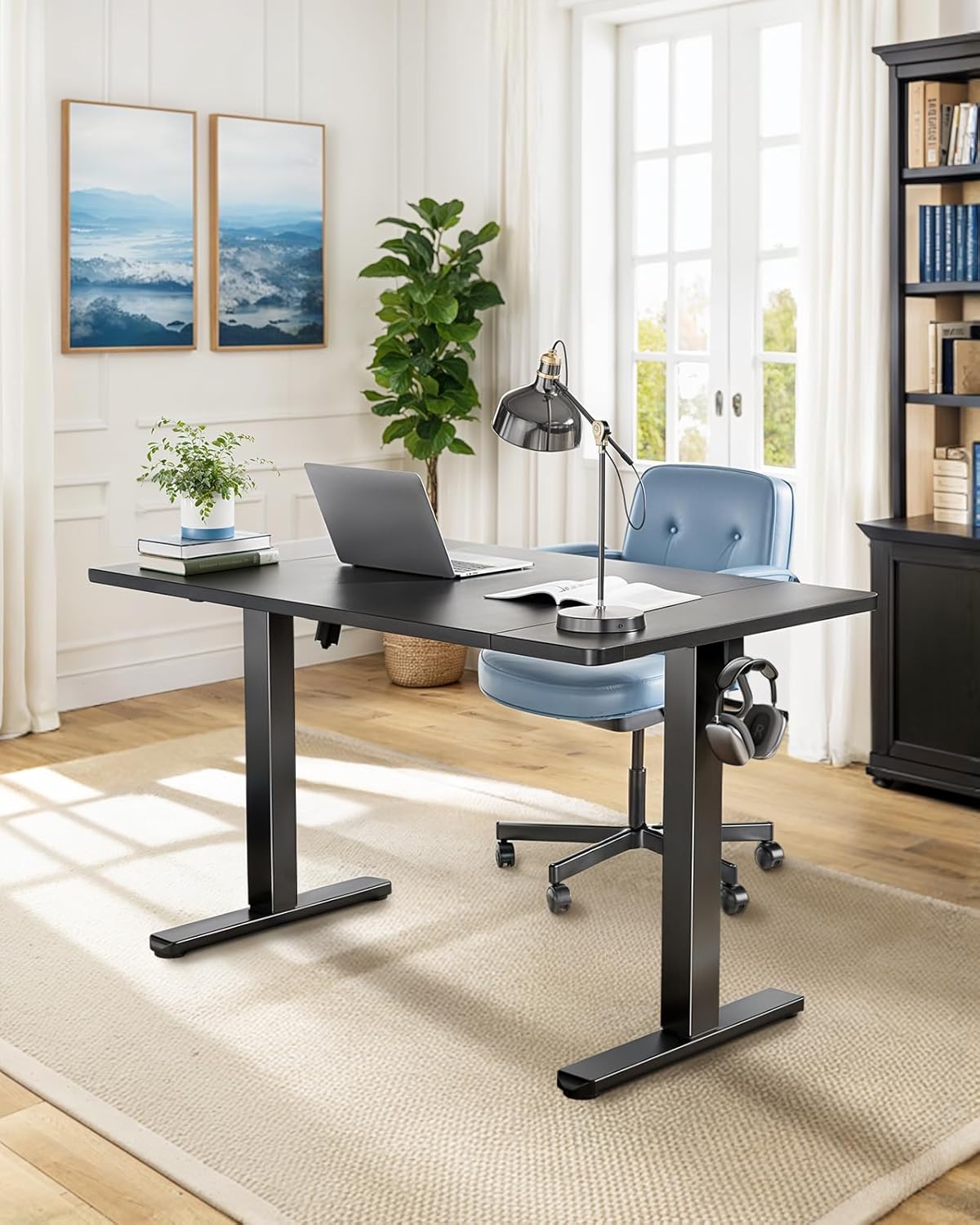 HUANUO 48 x 24 inch Electric Standing Desk, Height Adjustable Table with Headphone Hooks & Cable Manager, Sit to Stand up Desk for Home Office, Black