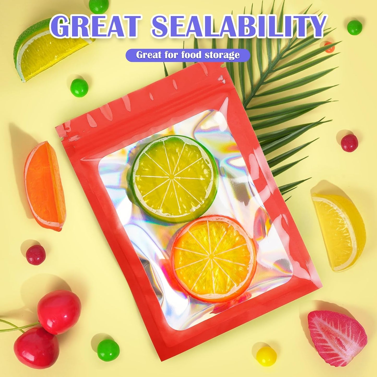 300 Pcs Mylar Bags, Smell Proof Bags Foil Pouch, Holographic Resealable Bags for Small Business, Candy Sample Jewelry Bag Sealable Packaging for Party Favor Food Storage (3x5in-Red)
