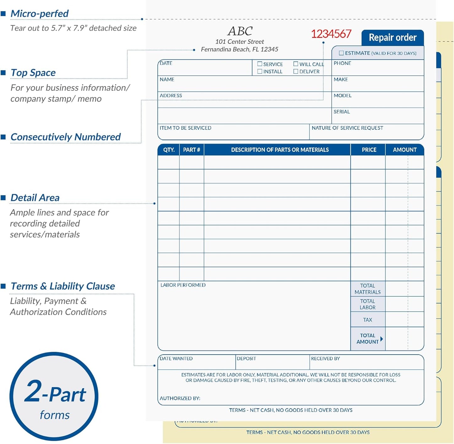 Repair Order Book, 2 Part Carbonless Job Work Order Forms - White/Yellow, 5-7/10 x 8-1/4 Inches, Invoice Receipt Book for Small Business, Consecutively Numbered, 200 Sets (4 Packs)