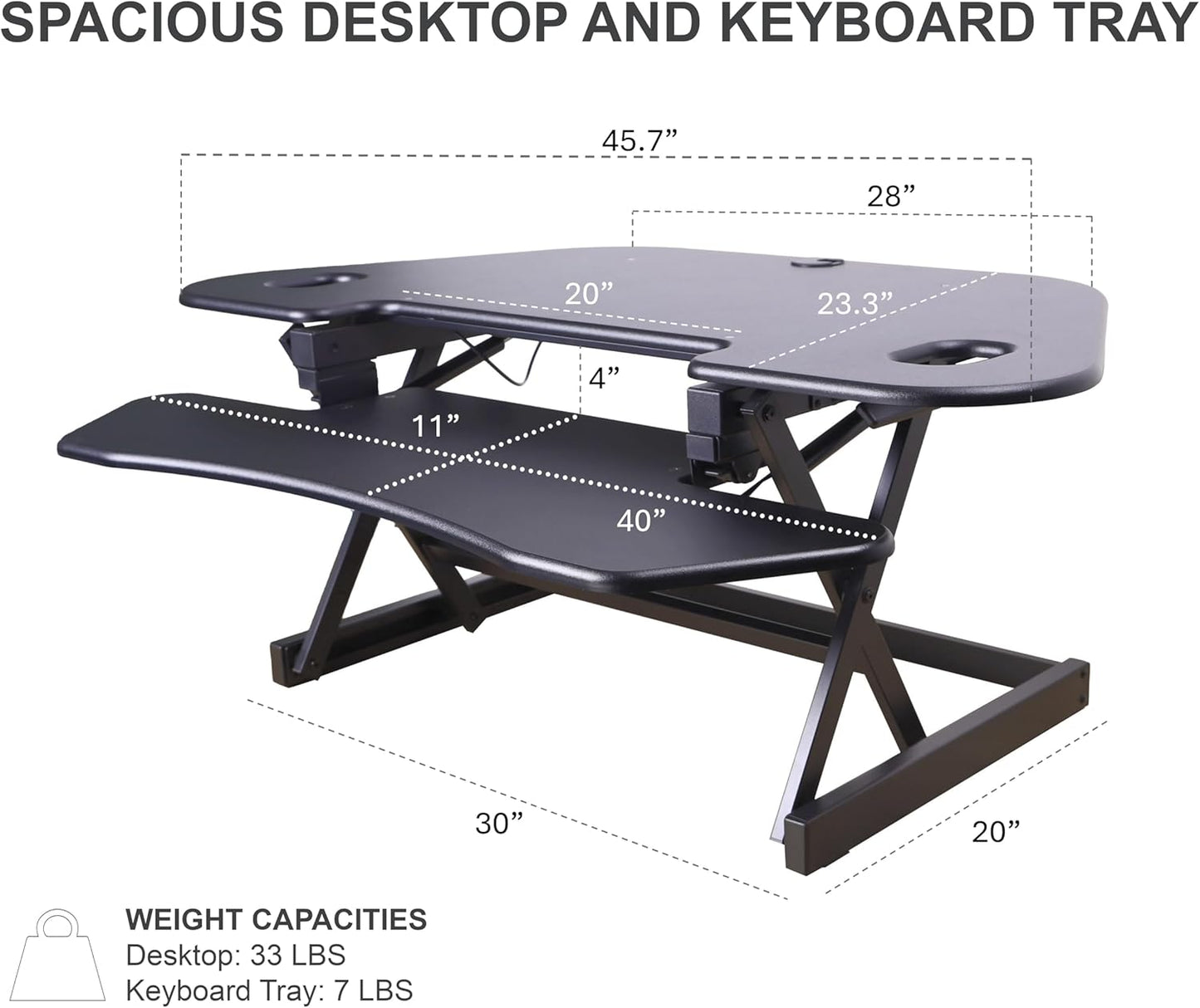 Rocelco 46" Height Adjustable Corner Standing Desk Converter with Dual Monitor Arm Mount Bundle - Sit Stand Up Tabletop Computer Workstation Riser - Extra Large Keyboard Tray - Black (R CADRB-46-MA2)
