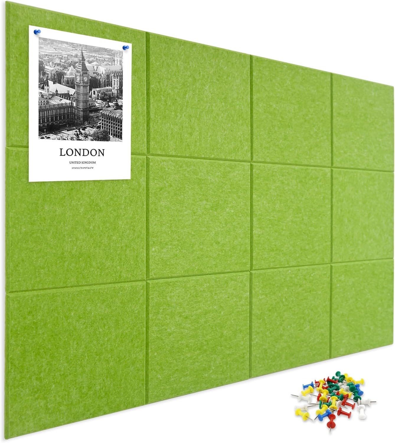 Large Cork Board for Wall 12 Pack, Bulletin Board 48" X 36", Felt Board Wall Tiles with 72 Damage-Free Removable Pads & Push Pins, Alternative Pin Board Cork Board for Office Home, Green