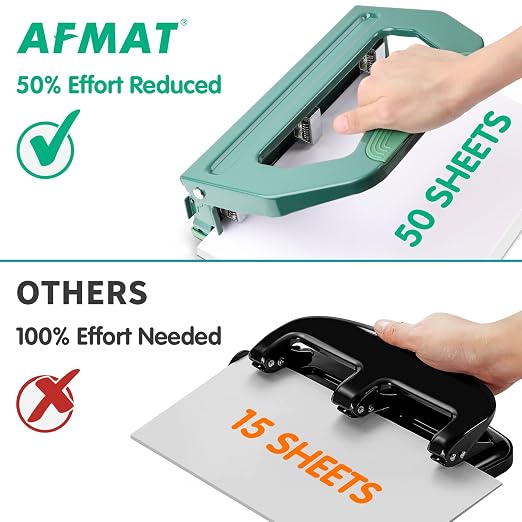 AFMAT 3 Hole Punch Heavy Duty, 9/32" Holes, 50-Sheet Hole Puncher 3 Ring - Image 6