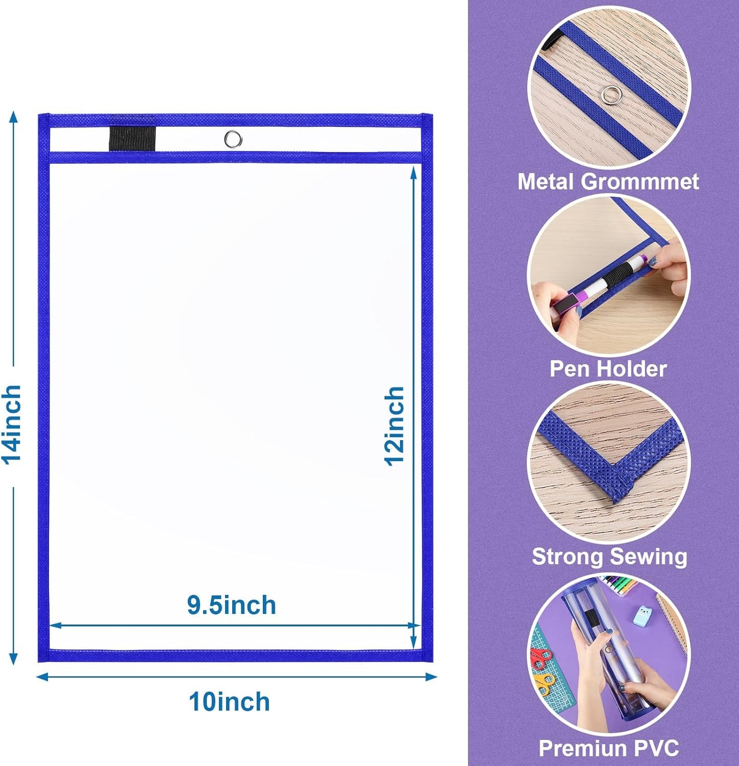 Nezyo Dry Erase Pockets Plastic Job Ticket Holders Shop Holder Order Pockets Clear Sleeves Tickets Folders Plastic Sleeves Paper Teacher Supplies for Classroom(14 x 10 in,Blue,50 Pcs)