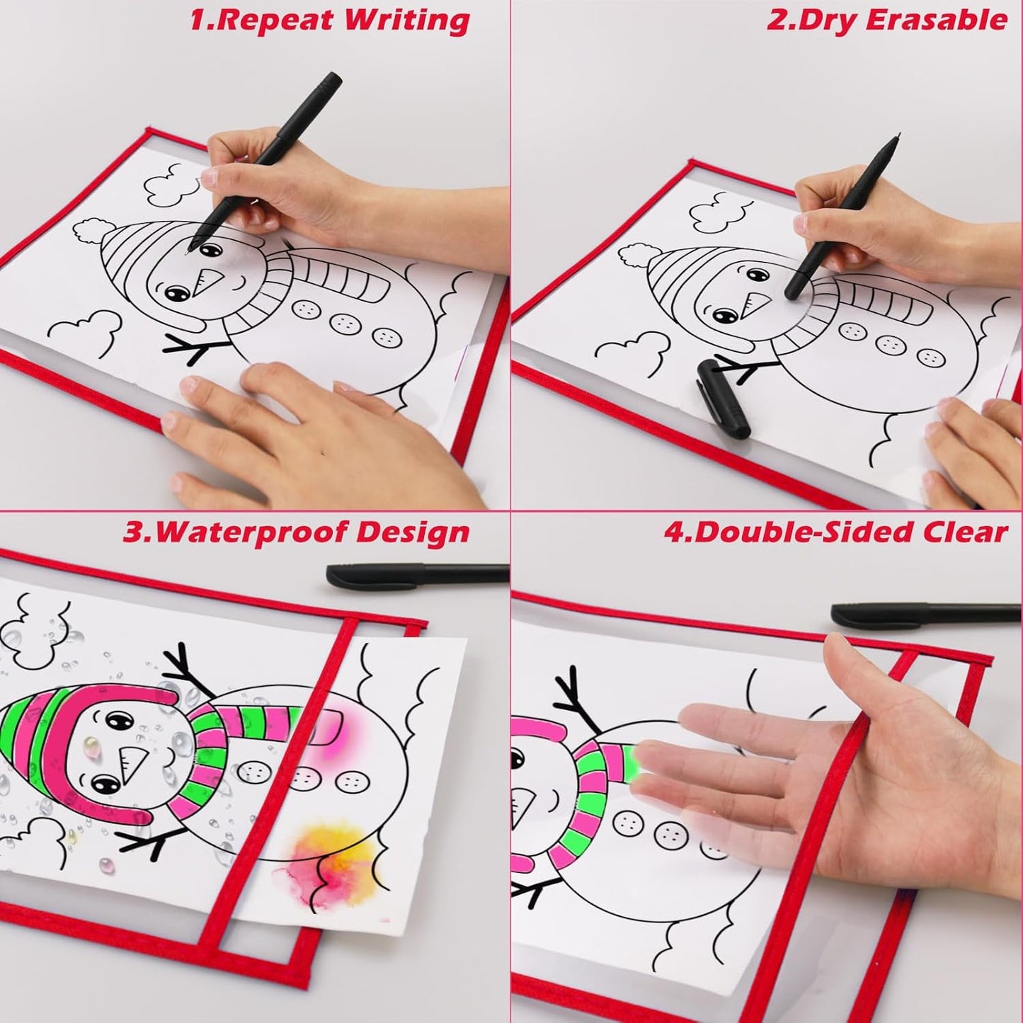 100 Packs Dry-Erase Pockets Bulk Job Ticket Holders Oversized Reusable Dry Erase Pocket Sleeves with 6 Ring, 10x14 Red Ticket Holders, Clear Plastic Sheet Protectors, Teacher School Classroom Supplies