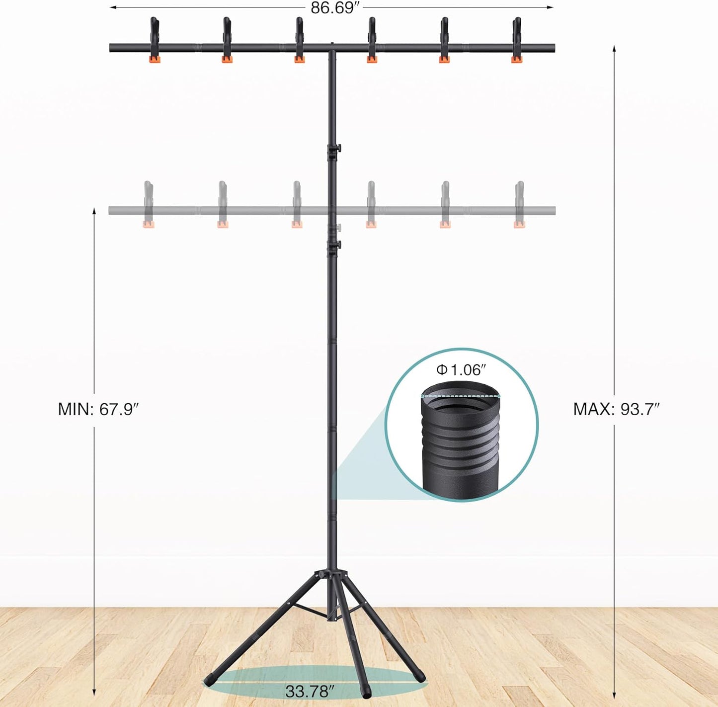 T-Shape Backdrop Stand 8x7.2FT, Height and Width Adjustable Background Stand for Parties,Green Screen Holder with 6 Spring Clamps