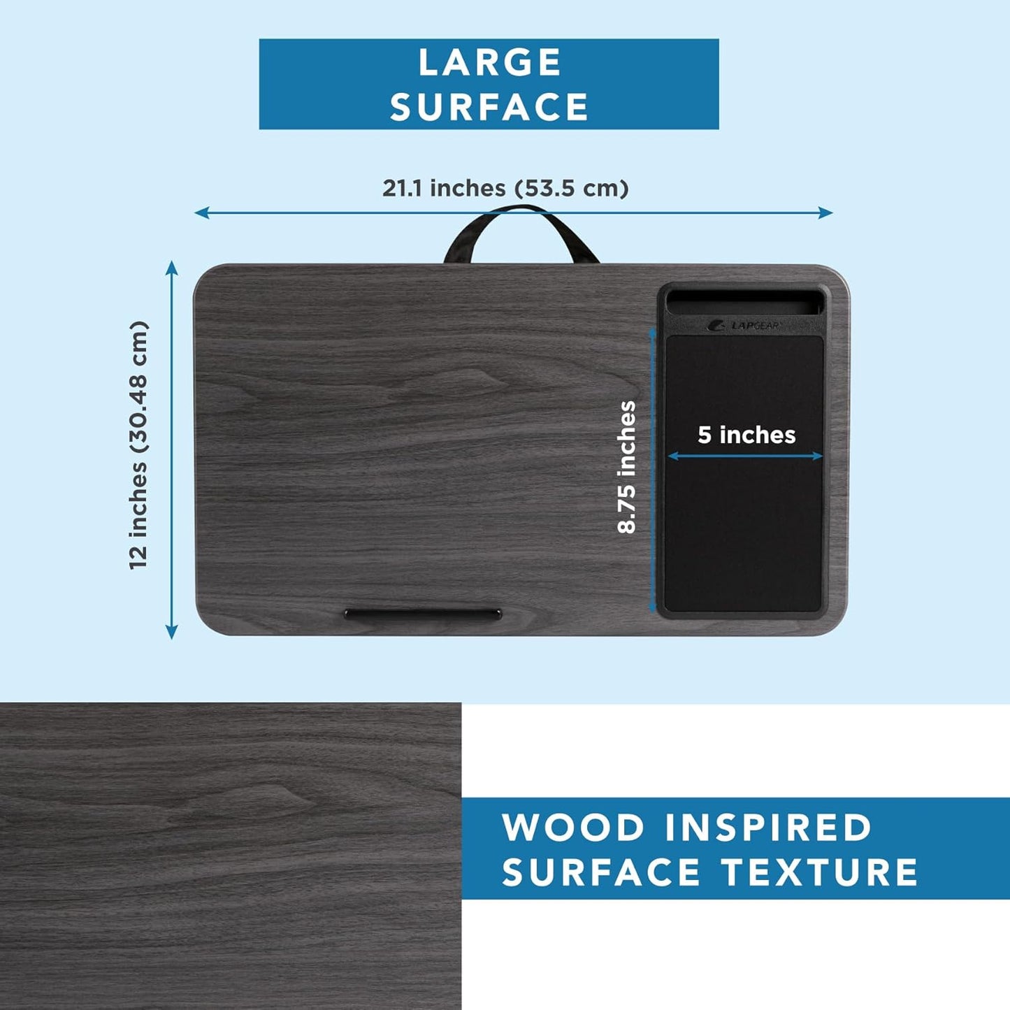 LAPGEAR Home Office Lap Desk with Device Ledge, Mouse Pad, and Phone Holder - Gray Woodgrain - Fits up to 15.6 Inch Laptops - Style No. 91545